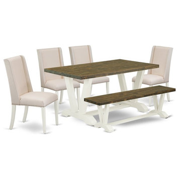 East West Furniture V-Style 6-piece Wood Dining Set in Linen White/Cream
