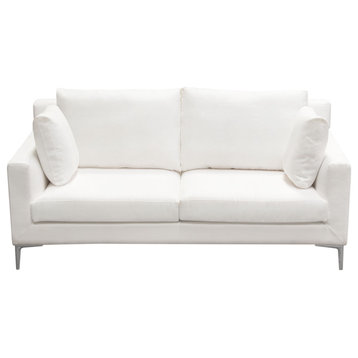 Seattle Loose Back Loveseat, White Linen With Polished Silver Metal Leg