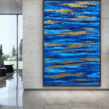 60x48 Inches Blue Gold Abstract Contemporary Painting Large Canvas Wall Art