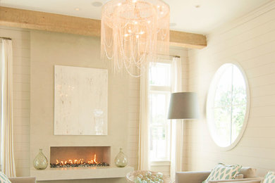 Mid-sized trendy formal and open concept dark wood floor and brown floor living room photo in Miami with white walls, a standard fireplace, a stone fireplace and no tv