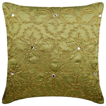 Green Throw Pillow Cover, Gold With Crystal 26"x26" Silk, Flower Jewel