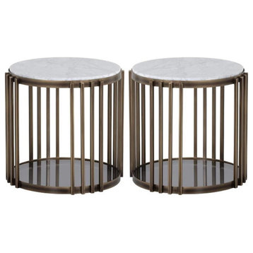 Home Square Naxos 22.5" Round Marble End Table in White/Rustic Bronze - Set of 2