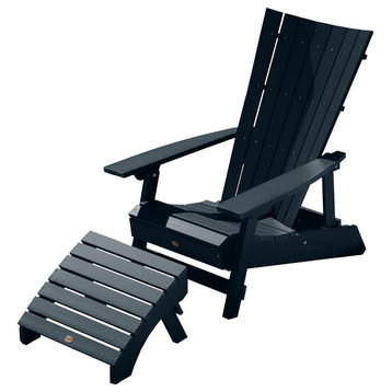 Unique Adirondack Chair With Folding Ottoman, Slatted High Back, Federal Blue