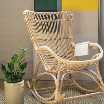 Rustic Style Patio Rocking Chair with Natural Rattan Weave