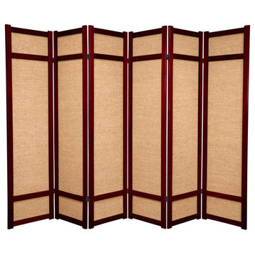 Traditional Room Divider, 6 Hinged Panel With Natural Woven Jute Shades, Red