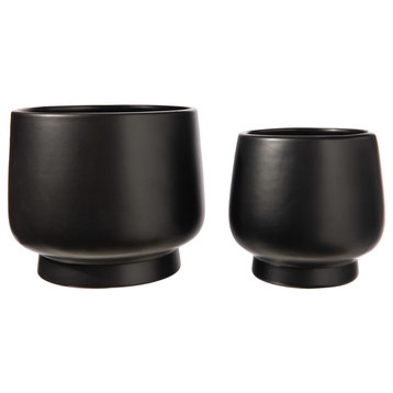 Round Ceramic Pot with Base Matte Black Finish, Set of 2