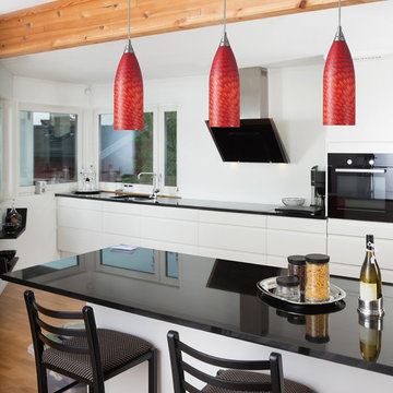 One Light Satin Nickel Scarlet Red Glass Down Mini Pendant