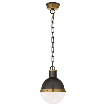 Hicks Small Pendant in Bronze and Hand-Rubbed Antique Brass with White Glass