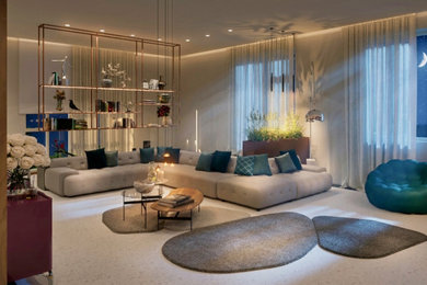Esempio di un ampio soggiorno moderno chiuso con libreria, pareti bianche, pavimento in marmo, TV a parete, pavimento beige, soffitto ribassato, boiserie e tappeto