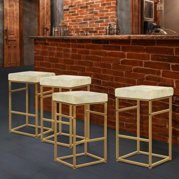30 Inch Backless Metal Barstool with Velvet Seat-Set of 4, Beige