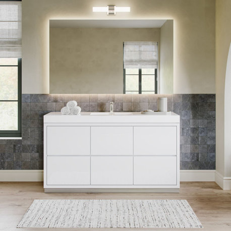 Bliss Bath Vanity, High Gloss White, 60", Single Sink, Freestanding