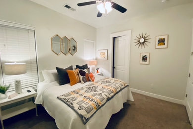 Mid-sized eclectic guest carpeted and gray floor bedroom photo in Salt Lake City with white walls