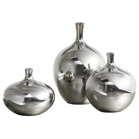 Madison Park Signature Ansen Mirrored Ceramic Decorative Vases Set, Silver