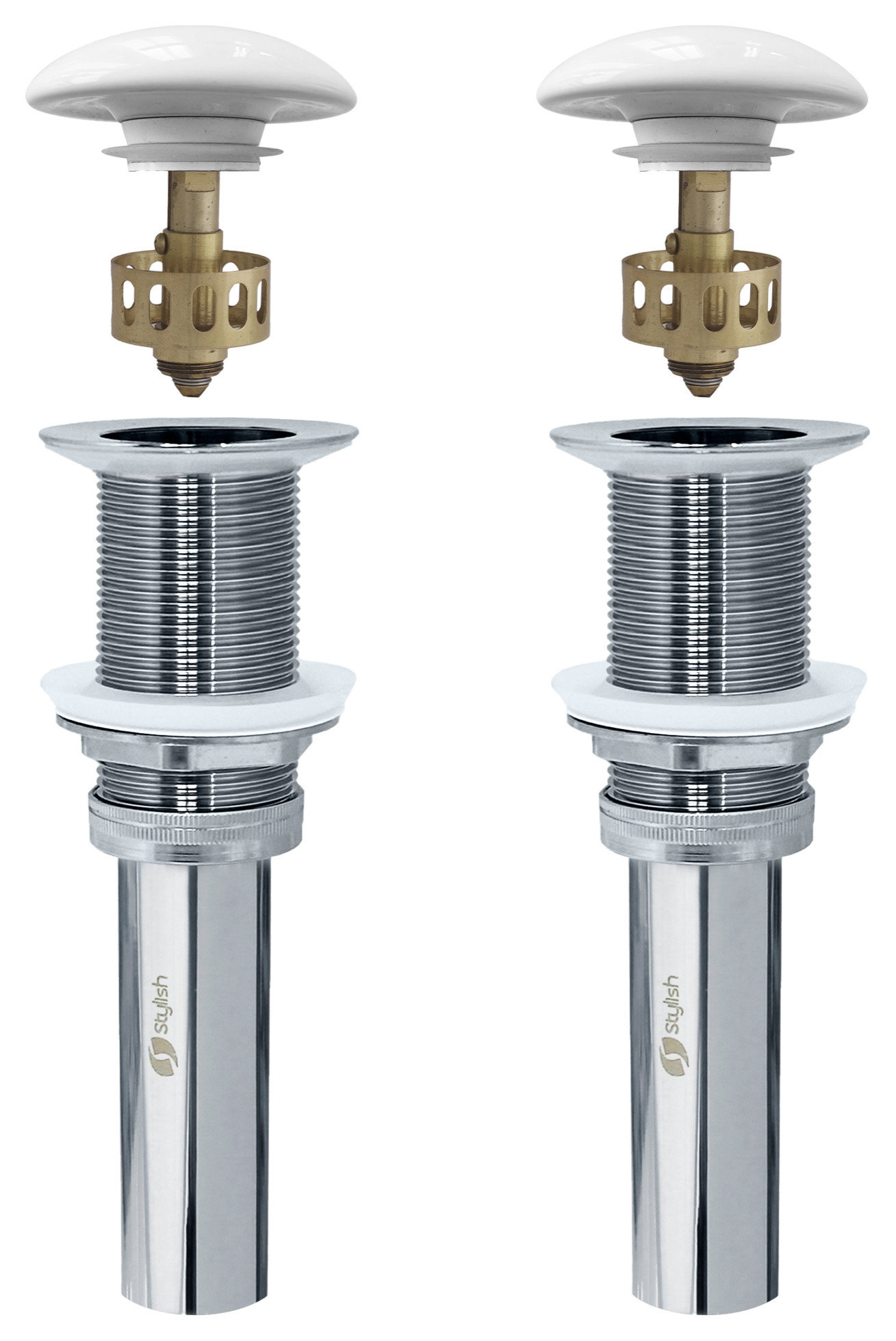 STYLISH Undermount Sink Pop-Up Drain with white ceramic cap & overflow, Set of 2