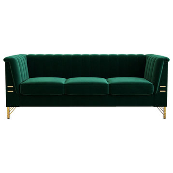 Contemporary Sofa, Golden Legs With Velvet Seat & Channeled Back/Arms, Green