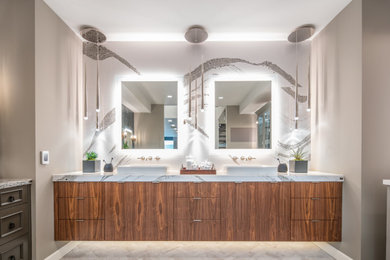 Inspiration for a mid-sized contemporary master white tile and stone slab beige floor bathroom remodel in San Francisco with flat-panel cabinets, medium tone wood cabinets, a vessel sink, quartz countertops, white countertops and beige walls