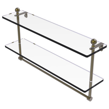 Mambo 22" Two Tiered Glass Shelf with Towel Bar, Antique Brass