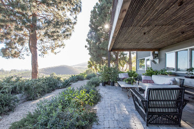 Inspiration for a contemporary backyard stone patio remodel in Santa Barbara with a roof extension