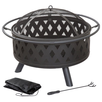 Pure Garden 32 Inch Round Crossweave Firepit With Cover, Black