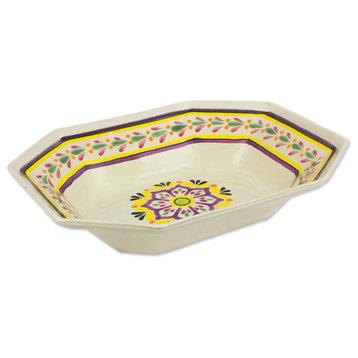 Octagonal Mexican Lavender Majolica Ceramic Serving Bowl