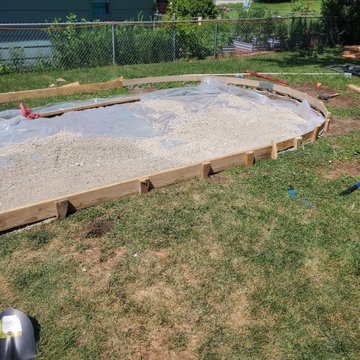Stamped concrete, cedar deck