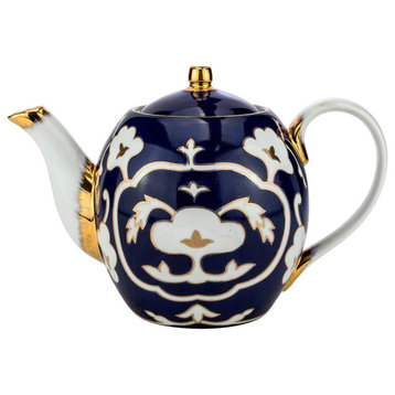 Royalty Porcelain Teapot with Gold Lid, Floral Design 32 Oz (Blue)
