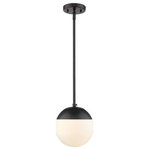 Golden Lighting - Golden Lighting 3218-S BLK-BLK Dixon - 1 Light Small Pendant - Mid-century modern design with a modern twist, these fashionable orbs are highly customizable. Available in clear or opal glass with plated chrome, pewter or brass hardware. Caps are available in a number of accent colors to further customize your look. Choose colors and finishes that complement your existing d+�cor or design your entire room around your favorite color combination. This small, rod-hung pendant features a may be hung individually or grouped over a bar.   Kitchen/Living/Dining No. of Rods: 4  Assembly Required: Yes  Canopy Included: Yes  Shade Included: Yes  Canopy Diameter: 4.75 x 0.75  Rod Length(s): 12.00  Dimable: YesDixon One Light Small Pendant Opal Glass *UL Approved: YES *Energy Star Qualified: n/a  *ADA Certified: n/a  *Number of Lights: Lamp: 1-*Wattage:60w Medium Base bulb(s) *Bulb Included:No *Bulb Type:Medium Base *Finish Type:Aged Brass/Navy