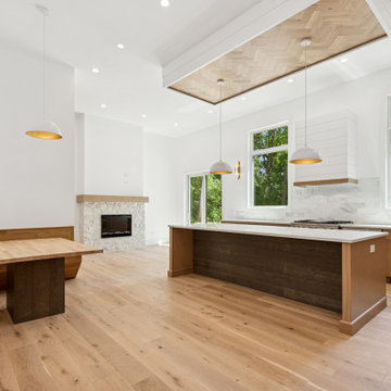 Integrated Kitchen & Living with Built-In Banquette and Slatted Ceiling Feature