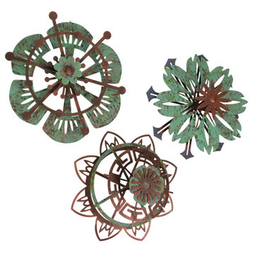 Set of 3 Metal Flower Wall Art Copper Verdigris Hanging Decor Floral Sculpture
