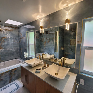 Bathroom Remodel; Huge Blue Tiles; Luxury shower and tub