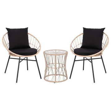 Devon 3-Piece Bistro Set, 2 Papasan Chairs w/Cushions, Glass Top Side Table, Tan