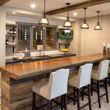 Reclaimed Wood Bar Top, Paneling, and Ceiling Timbers in Home Bar