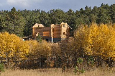 Imagen de fachada rural de tamaño medio de dos plantas con revestimiento de madera y tejado a dos aguas