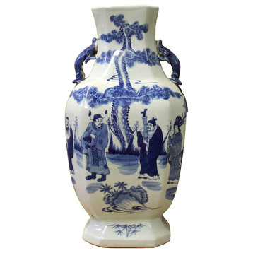 Consigned, Chinese Blue White Porcelain People Theme Octagon Shape Vase
