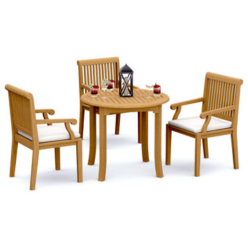 4-Piece Outdoor Patio Teak Dining Set: 36" Round Table, 3 Sack Arm Chairs