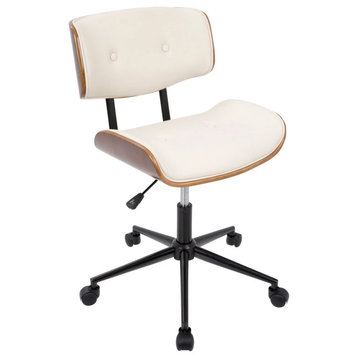 Swivel Office Chair, Curved Seat With Button Tufted Backrest, Walnut/Cream