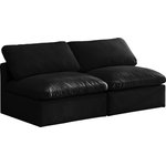 Meridian Furniture - Plush Velvet / Down Standard Comfort Modular Sofa, Black, 2-Piece: 2 Armless Chair - No matter how big or little the size of your gang, they can all find their sweet spot when you choose pieces from the Plush collection to build your ideal seating group. Choose this individual Plush piece or pair multiple pieces together to get the custom look everyone will love. The soft black velvet material is soft and welcoming to the touch, and the set's cushions are overstuffed with a down and feather blend to provide ample support for tired bodies.