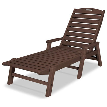 Patio Chaise Lounge, Weatherproof Plastic Frame With Slatted Seat, Mahogany