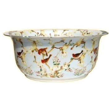 Chinese Large Multi Color Floral Bird Pattern Porcelain Bowl 16"