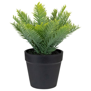 7.5" Green Artificial Chinese Yew Plant in Black Pot