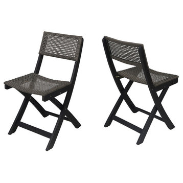 Truda Acacia Wood Foldable Bistro Chairs, Set of 2, Dark Gray, Brown Wicker