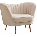 Meridian Furniture - Margo Velvet Upholstered Set, Cream, Chair - Lean back and lounge in luxurious style on this stunning Margo cream velvet chair by Meridian Furniture. This contemporary loveseat features plush velvet upholstery that is both classy and sumptuous against your skin, and rounded arms that curve into a low, rounded back, creating a perfect, modern piece for your home. Gold stainless steel legs support this chair and provide stunning contrast to the chair's plush, cream fabric.