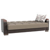 Modern Sleeper Sofa, Wood Accented Arms, Beige Chenille/Brown Leatherette