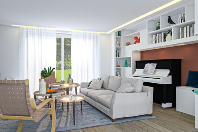 Cette photo montre un salon tendance de taille moyenne et ouvert avec une bibliothèque ou un coin lecture, un mur blanc et parquet clair.