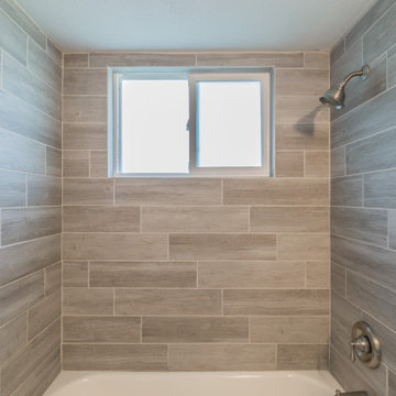 Guest bathroom remodel, wood look tile, shower window