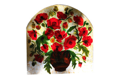 Arched Glass Mosaic Panel Red Poppies in a vase.