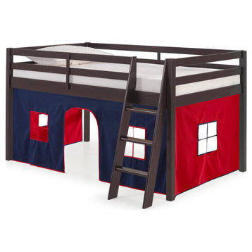 Roxy Twin Wood Junior Loft Bed, Espresso, Blue and Red Bottom Tent, Bed Color: Espresso, Tent: Blue/Red