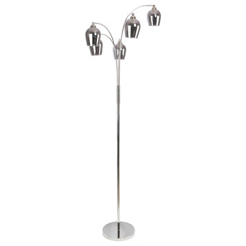 69" Polished Nickel Floor Lamp, Five Lights, LED Lights, Metallic Glass Shades