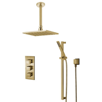 Benete Square Brushed Gold Rain Shower System Faucet Set 2 Outlets