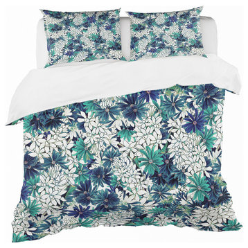 Turquoise and White Ocean of Flowers Floral Duvet Cover, King